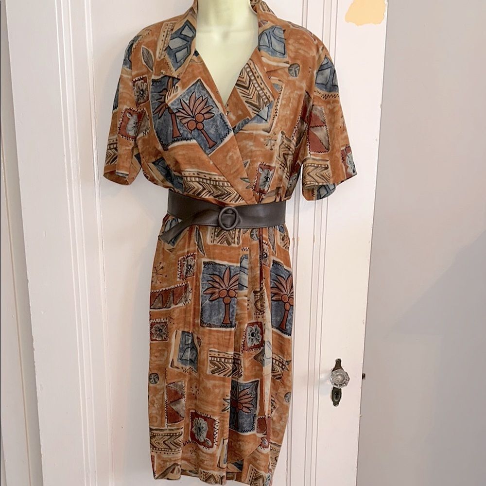 Vtg 80s/90sβPositiveβ Attitude Brown, Tan & Blue Wrap Look Tropical Print Dress